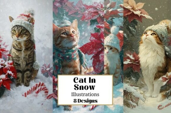 8 Cats in Snow Christmas Illustrations Review