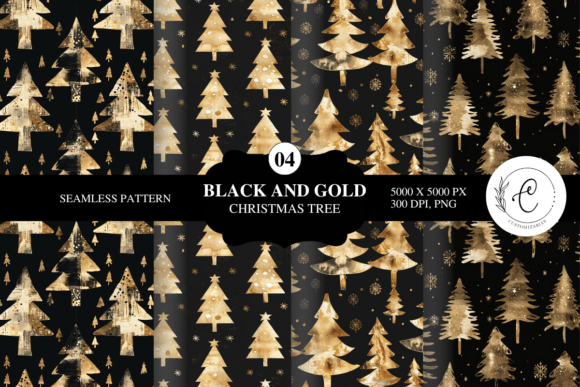 Black and Gold Christmas Tree Seamless Illustrations