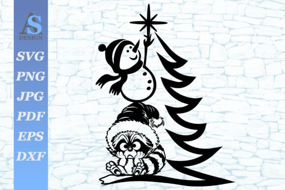 Christmas Tree, Snowmen, Raccoon SVG Illustrations