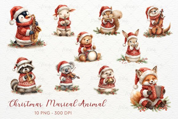 Cute Animal Musical in Christmas Clipart Illustrations