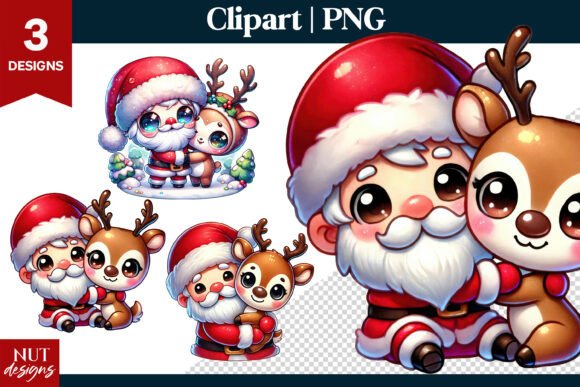 Cute Christmas Clipart, Santa and Deer Illustrations