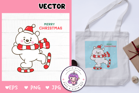 Cute Polar Bear Christmas Play Ice Skate Illustrations
