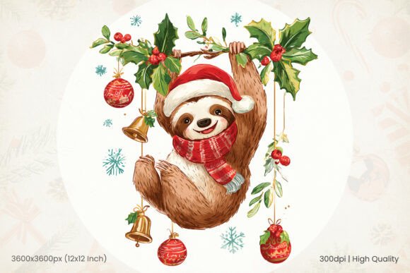 Cute Watercolor Christmas Sloth PNG Clip & Illustrations