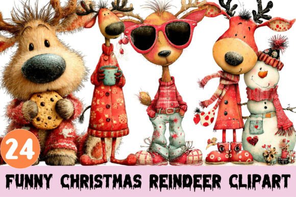 Funny Christmas Reindeer Clipart: Illustrations