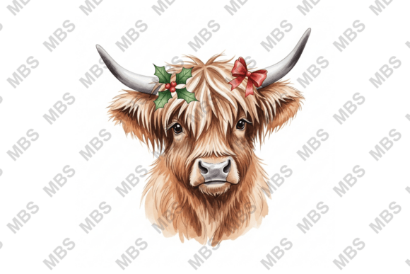 Highland Cow Christmas Watercolor Art & Illustrations