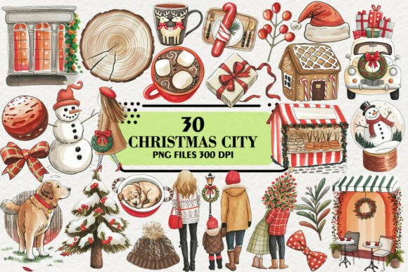 Kawaii Rustic Christmas City Clipart Illustrations