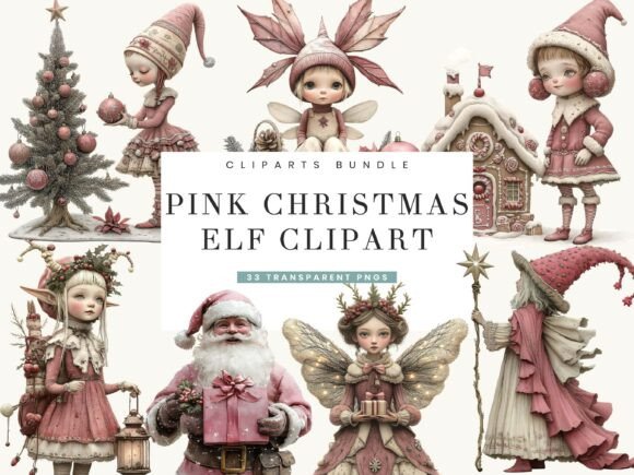 Pink Christmas Elf Clipart Bundle: Illustrations
