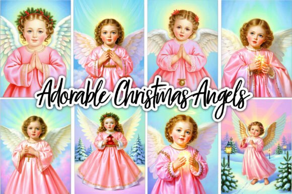 Vintage Style Pastel Christmas Angels Illustrations