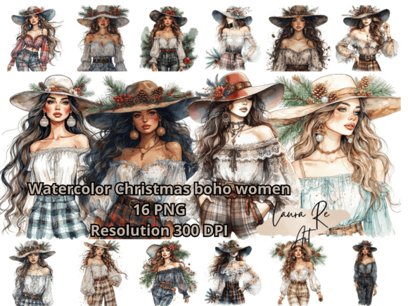 Watercolor Christmas Boho Women Illustrations Review