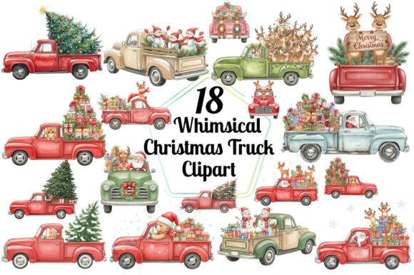 Whimsical Christmas Truck PNG Set: Festive Illustrations
