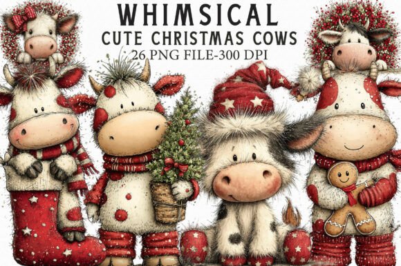 Whimsical Cute Christmas Cows Clipart & Illustrations